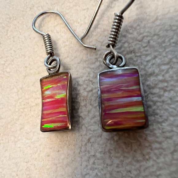 Pink Opal Fishhook Earrings - Pink - Silver Toned - Picture 2 of 2